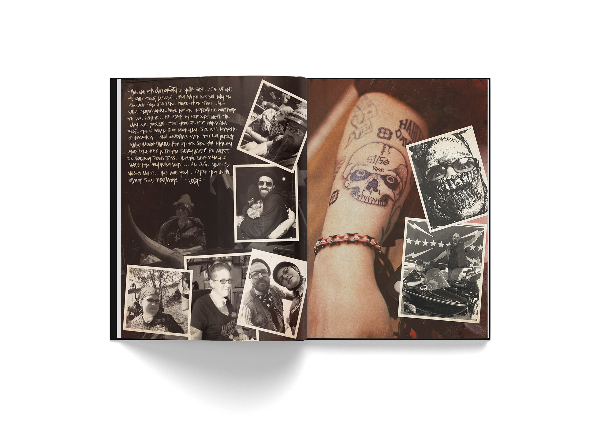 Open book spread from Edward Crowe's "Yelawolf 51/50" showing photos and tattoo close-up from Yelawolf's tour.