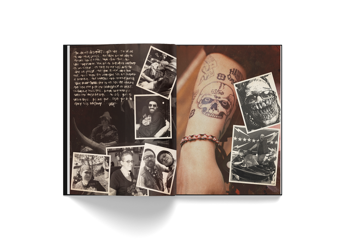 Open book spread from Edward Crowe's "Yelawolf 51/50" showing photos and tattoo close-up from Yelawolf's tour.