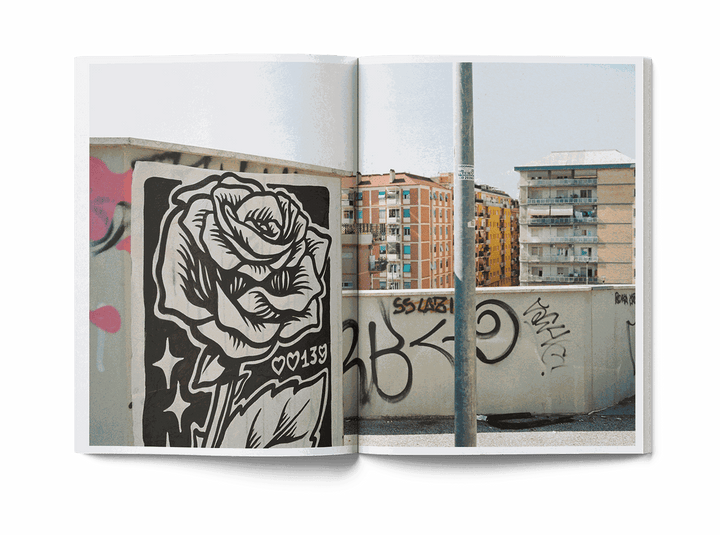 Open book showing street art mural with skull and Colosseum, man in red shirt painting wall, Lucamaleonte Colla 00139 book photo