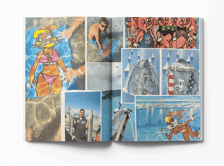 Open book spread from Pepemaniak's "All You Can Eat" featuring black and white portrait and artistic sketches with handwritten text.