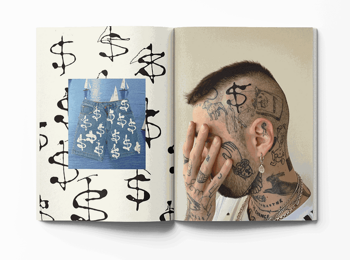Open book spread from Pepemaniak's "All You Can Eat" featuring black and white portrait and artistic sketches with handwritten text.