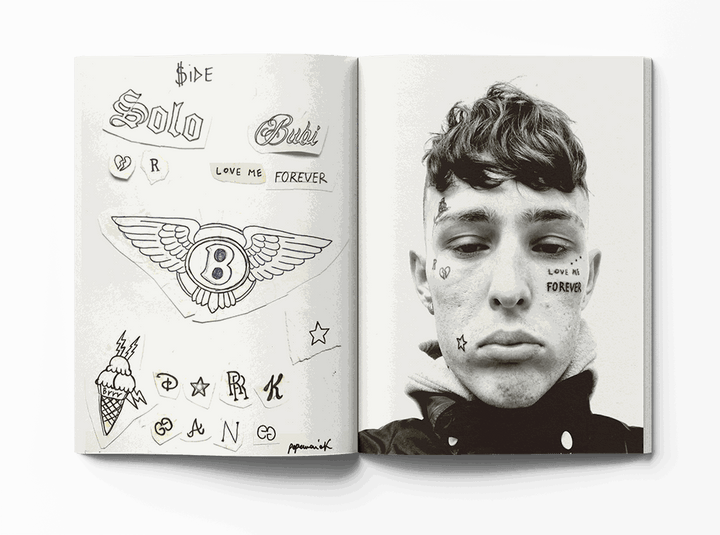 Open book spread from Pepemaniak's "All You Can Eat" featuring black and white portrait and artistic sketches with handwritten text.