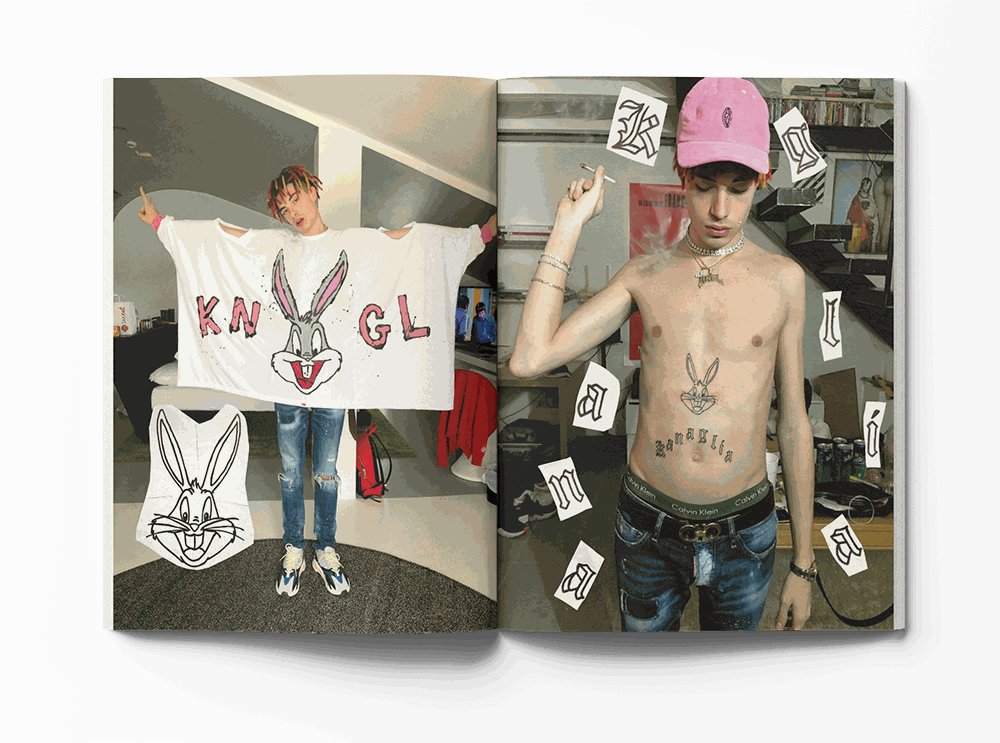 Open book spread from Pepemaniak's "All You Can Eat" featuring black and white portrait and artistic sketches with handwritten text.