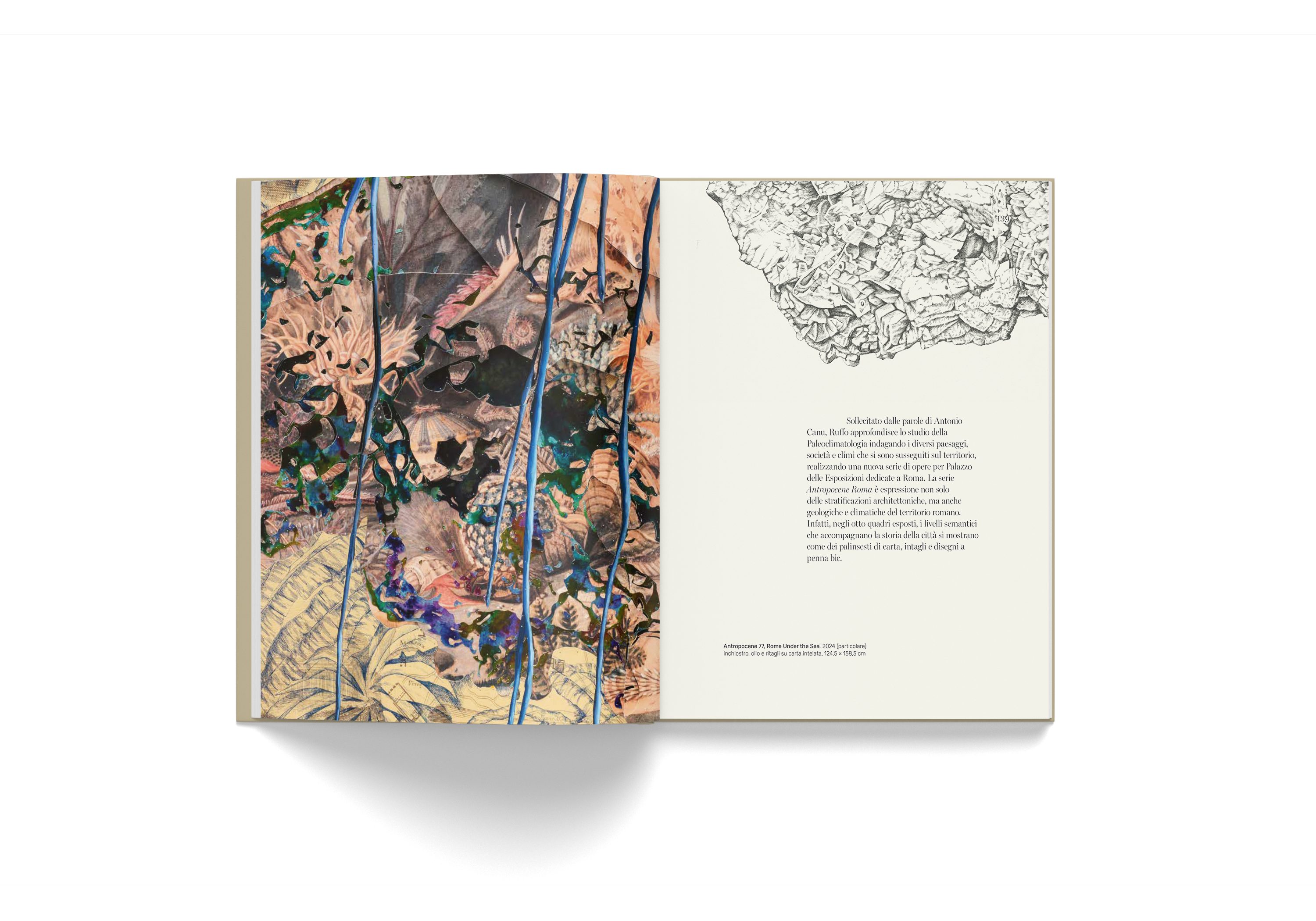 Pietro Ruffo art book "L'Ultimo Meraviglioso Minuto" open to botanical illustration and text pages.