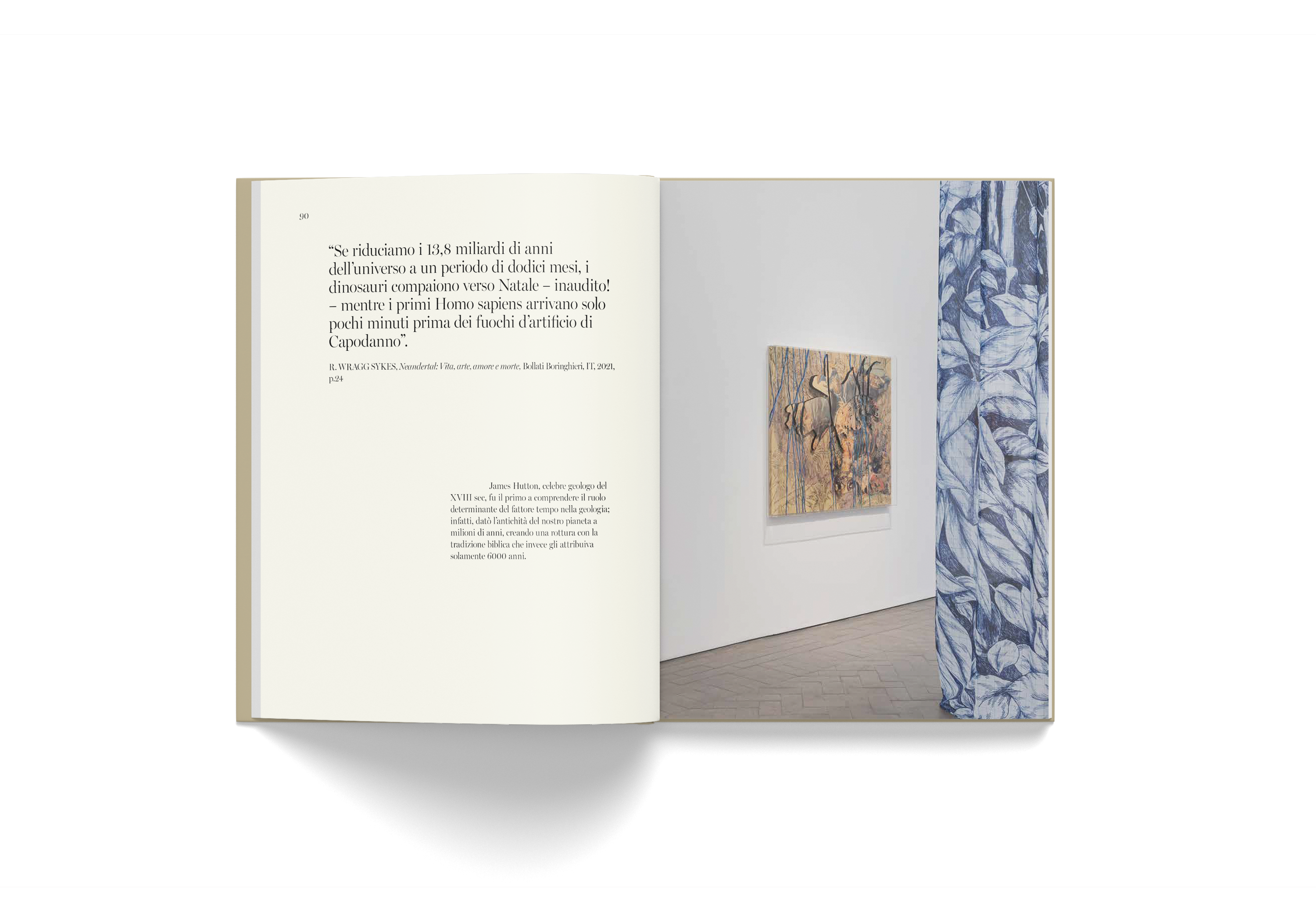 Open book displaying text and an artwork photograph from Pietro Ruffo's "L'Ultimo Meraviglioso Minuto" exhibition catalog