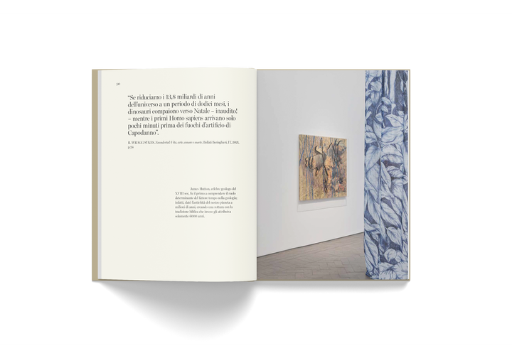 Open book displaying text and an artwork photograph from Pietro Ruffo's "L'Ultimo Meraviglioso Minuto" exhibition catalog
