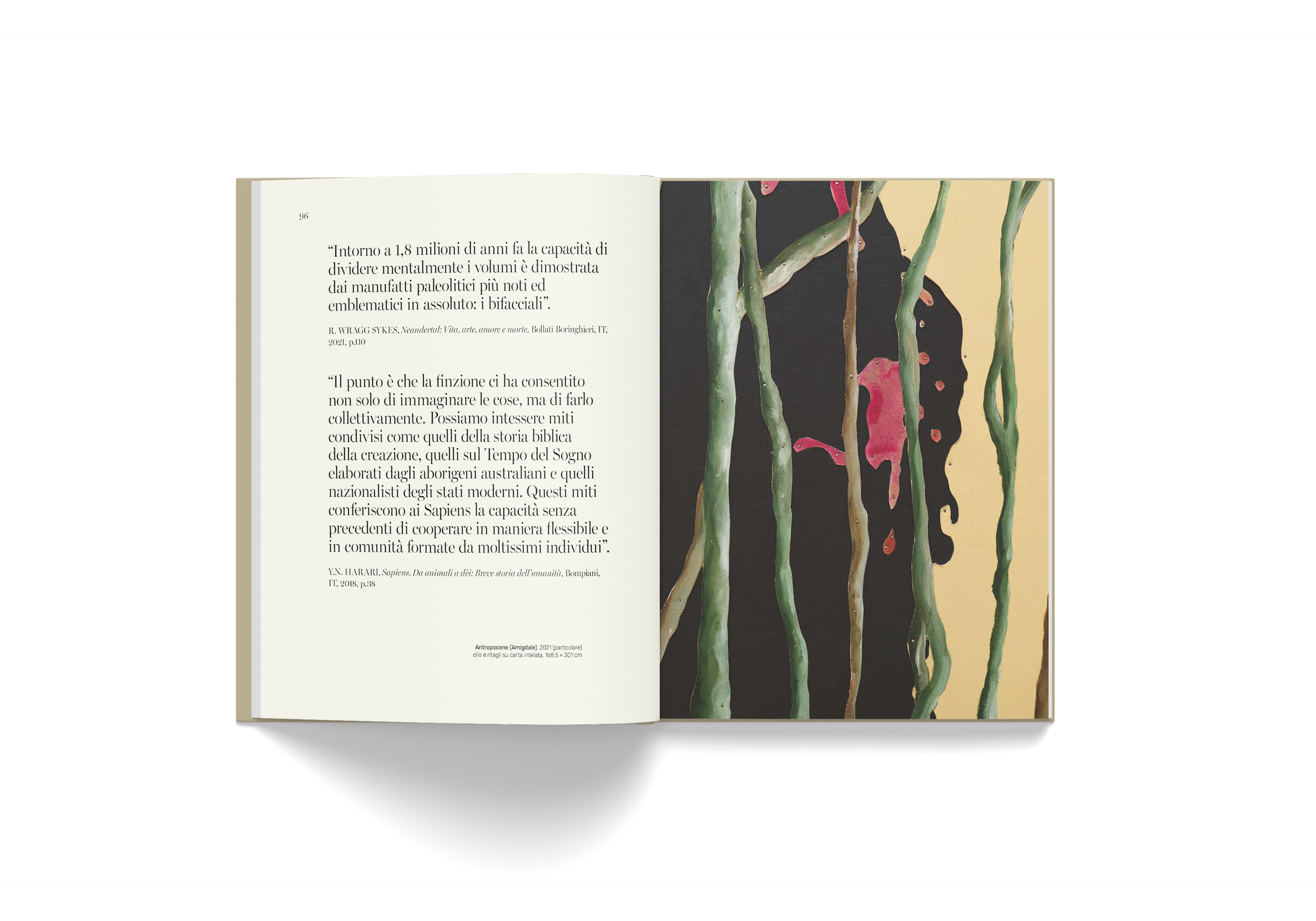 Open book spread from Pietro Ruffo's "L'Ultimo Meraviglioso Minuto" featuring text on the left and botanical-style artwork with green stems and pink abstract shapes on the right