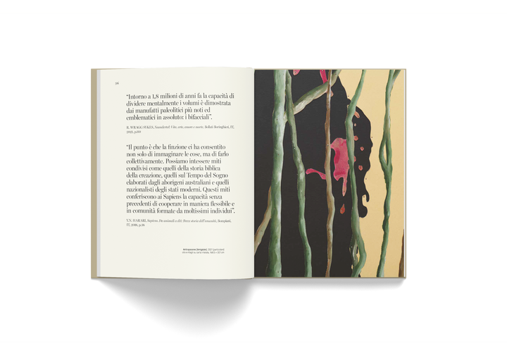 Open book spread from Pietro Ruffo's "L'Ultimo Meraviglioso Minuto" featuring text on the left and botanical-style artwork with green stems and pink abstract shapes on the right