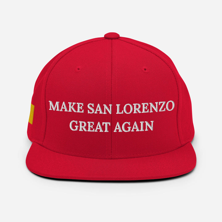 Make San Lorenzo Great Again red snapback hat with flat brim and adjustable closure