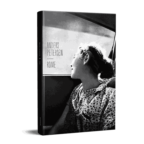 Anders Petersen Rome photography book cover black and white portrait of woman looking out car window