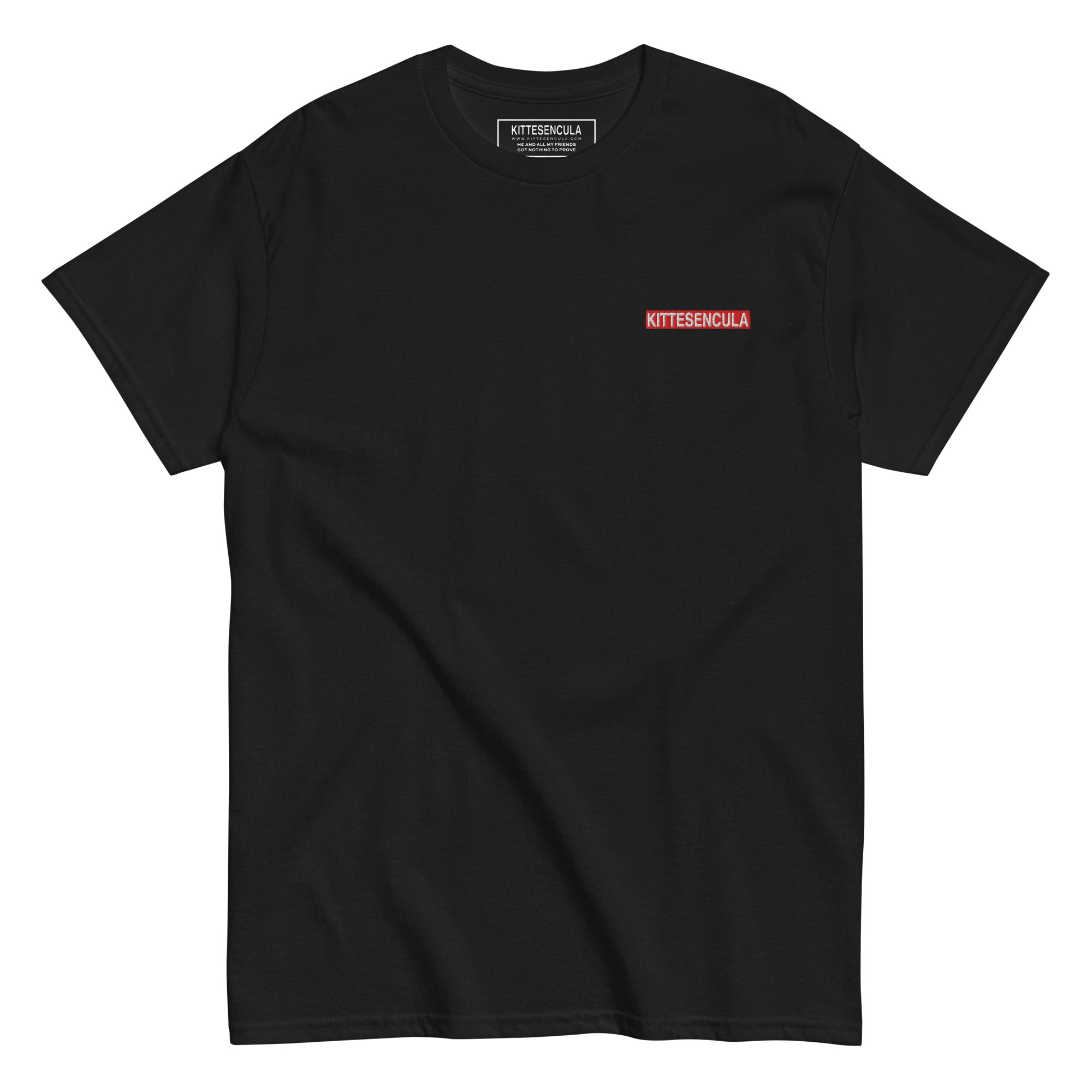 Black Kittesencula T-Shirt with embroidered red logo, classic fit, 100% cotton, boxy style