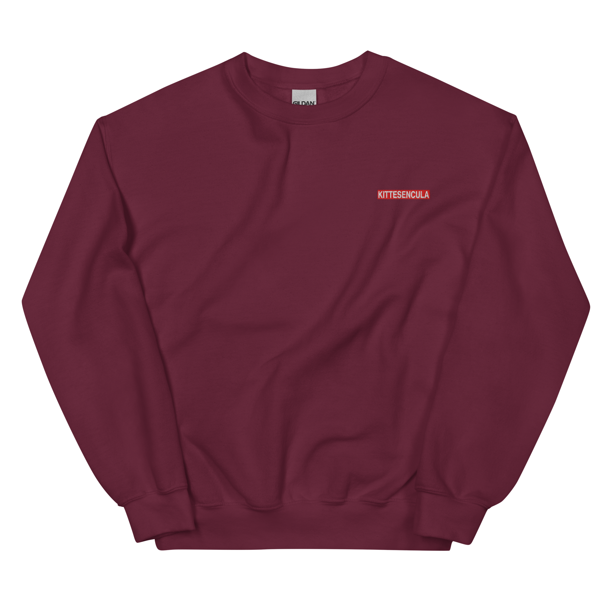 Kittesencula sweatshirt in burgundy with embroidered red logo, classic fit, soft air-jet spun yarn, and rib knit collar.
