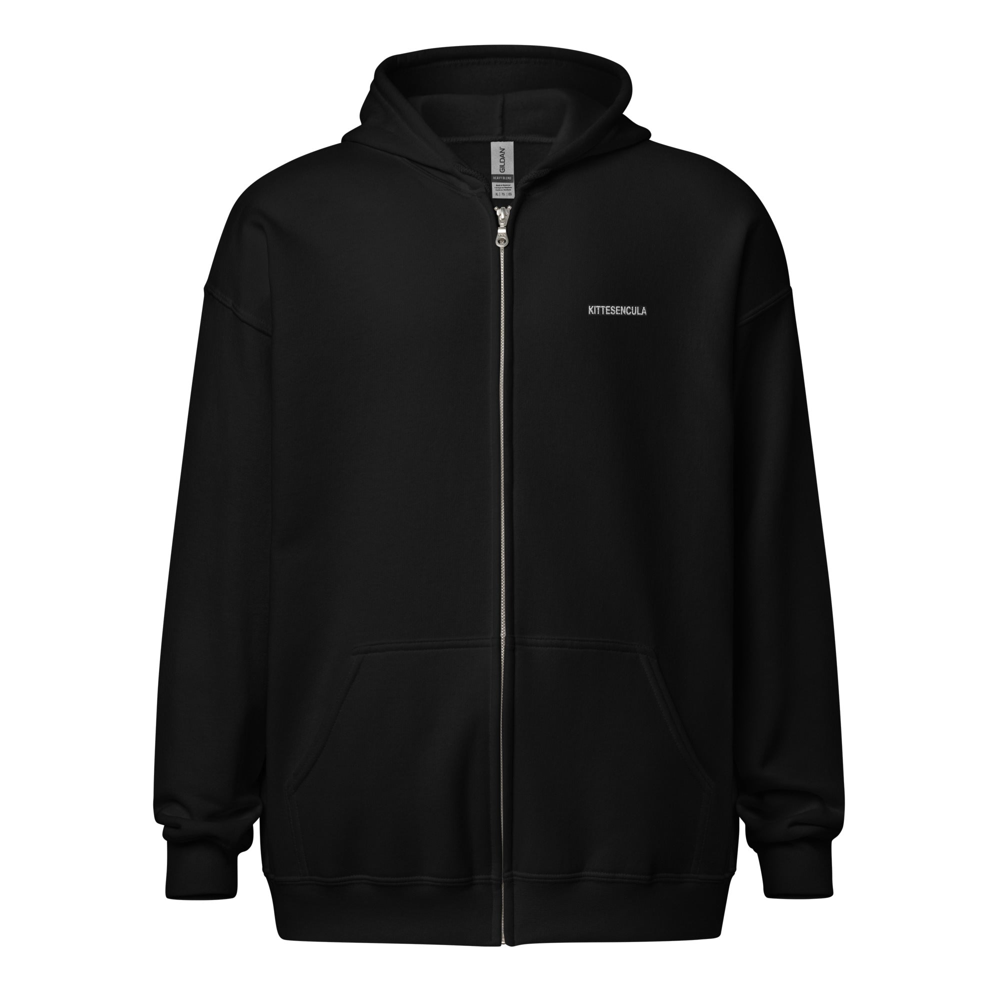 Black Kittesencula heavy blend zip hoodie with metal zipper, front pockets, and hood with matching drawstrings.