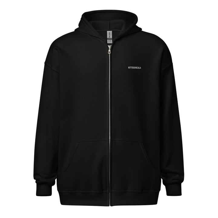 Black Kittesencula heavy blend zip hoodie with metal zipper, front pockets, and hood with matching drawstrings.