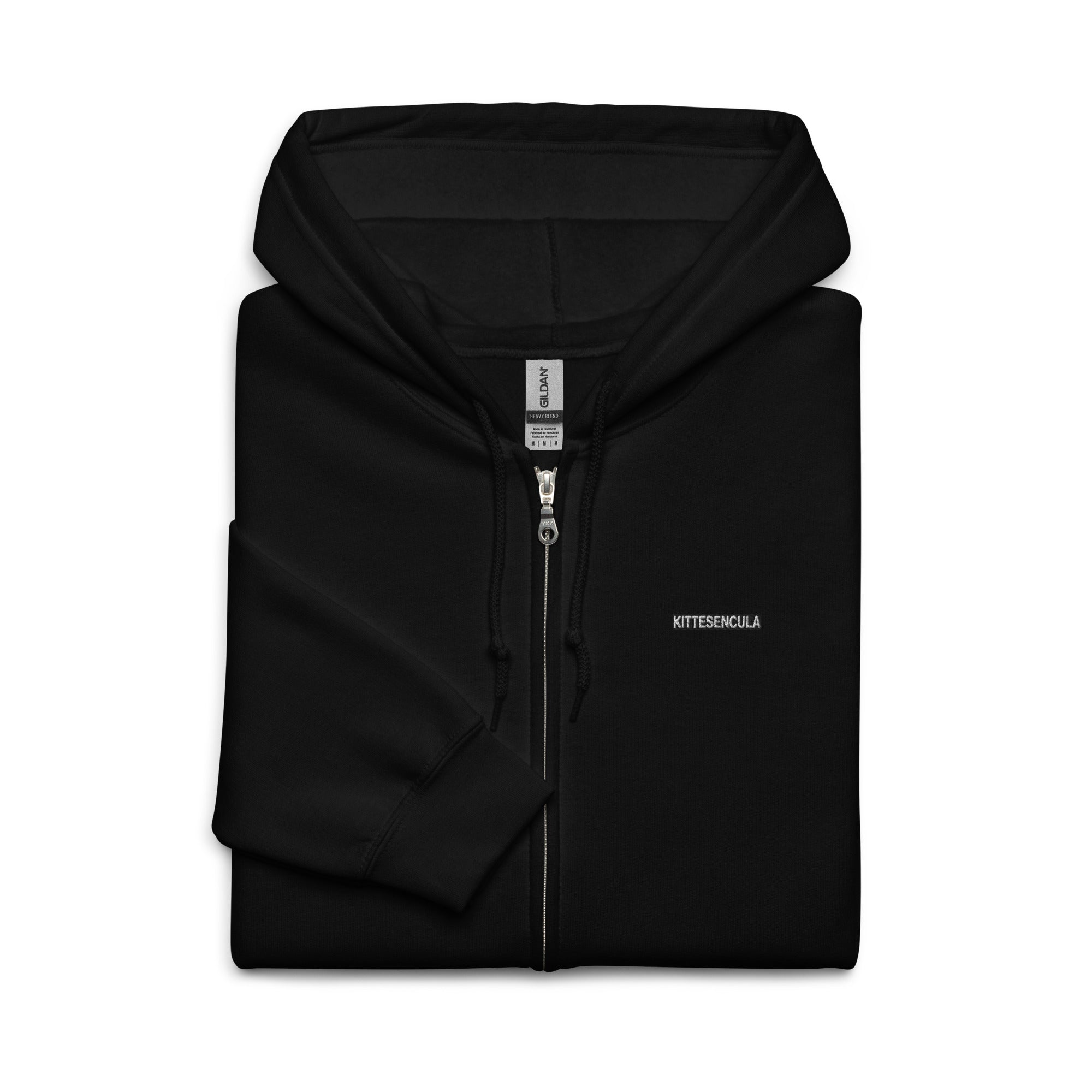 Folded black Kittesencula heavy blend zip hoodie with metal zipper and drawstring hood