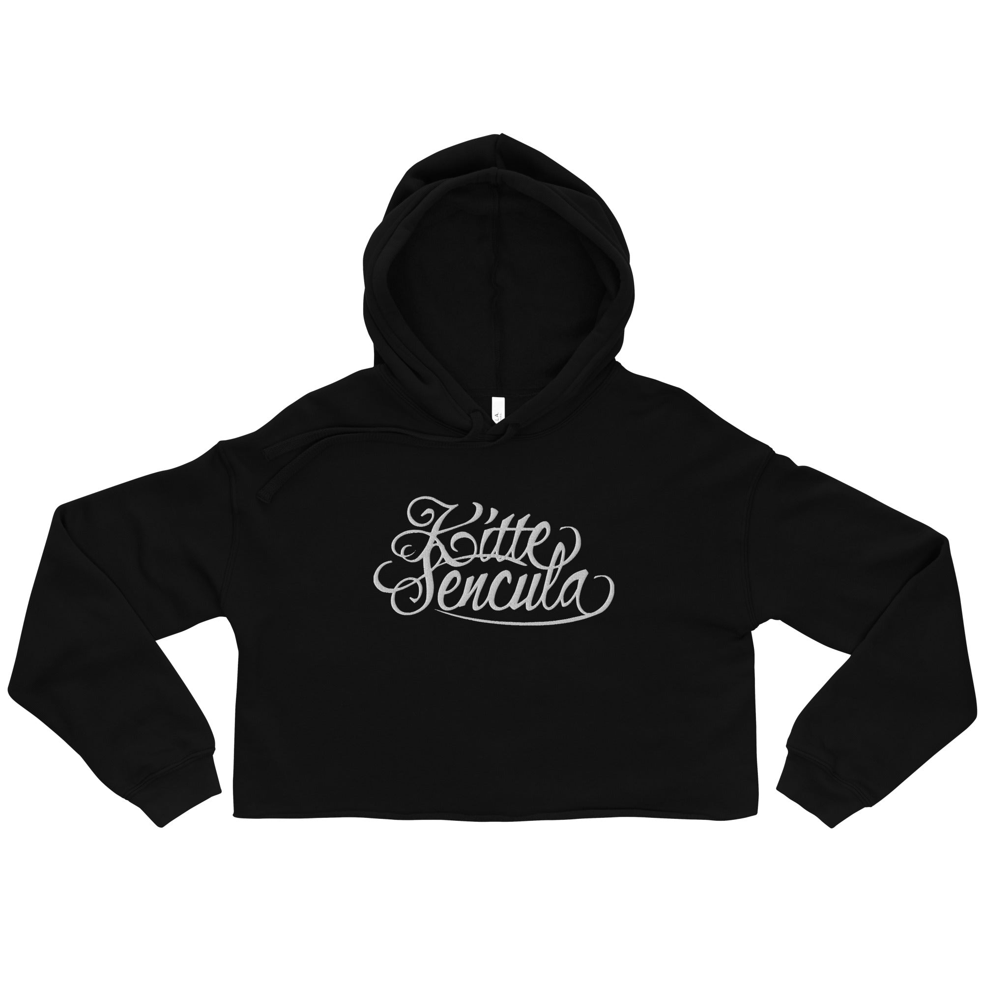 Black Kittesencula Crop Hoodie with raw hem and matching drawstrings, featuring stylish script logo on front.