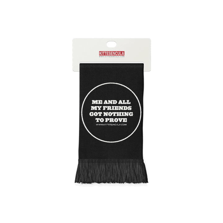 Kittesencula wool blend black scarf with white text and fringe edges