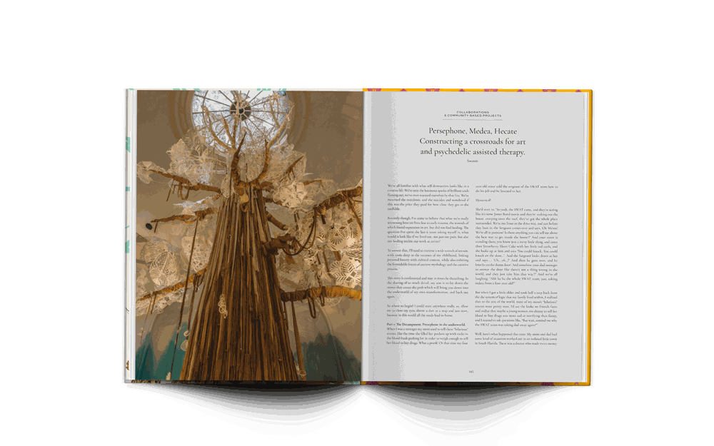 Open book spread of Swoon The Red Skein monograph featuring an intricate wooden art installation and text on art and psychedelic-assisted therapy