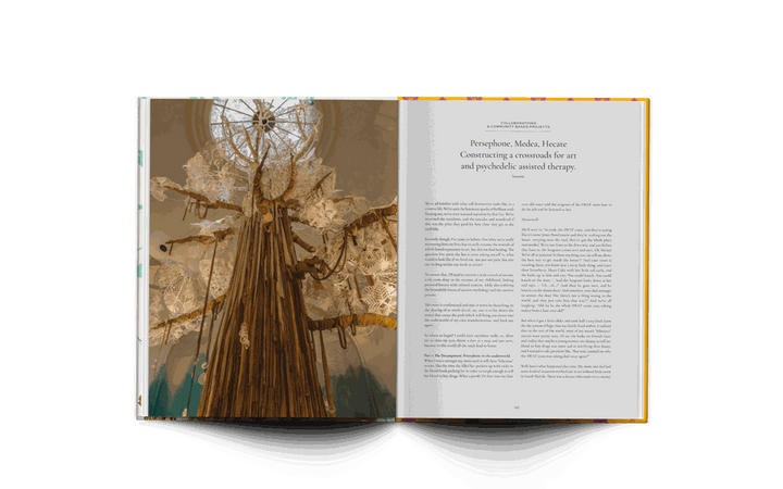Open book spread of Swoon The Red Skein monograph featuring an intricate wooden art installation and text on art and psychedelic-assisted therapy