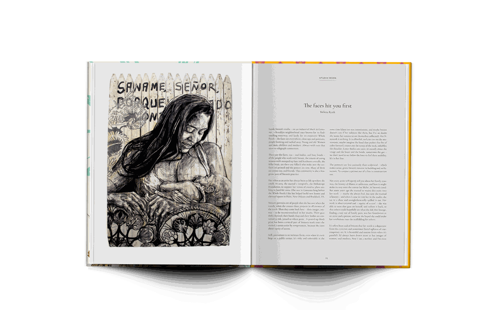 Open book spread of Swoon "The Red Skein" hardcover art monograph showing black and white illustration of a woman nursing a child and text titled "The faces hit you first"