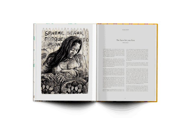 Open book spread of Swoon "The Red Skein" hardcover art monograph showing black and white illustration of a woman nursing a child and text titled "The faces hit you first"