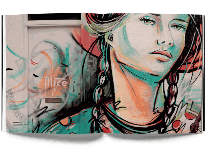 Alice Pasquini Crossroads artwork featuring a detailed portrait of a woman with braids in street art style