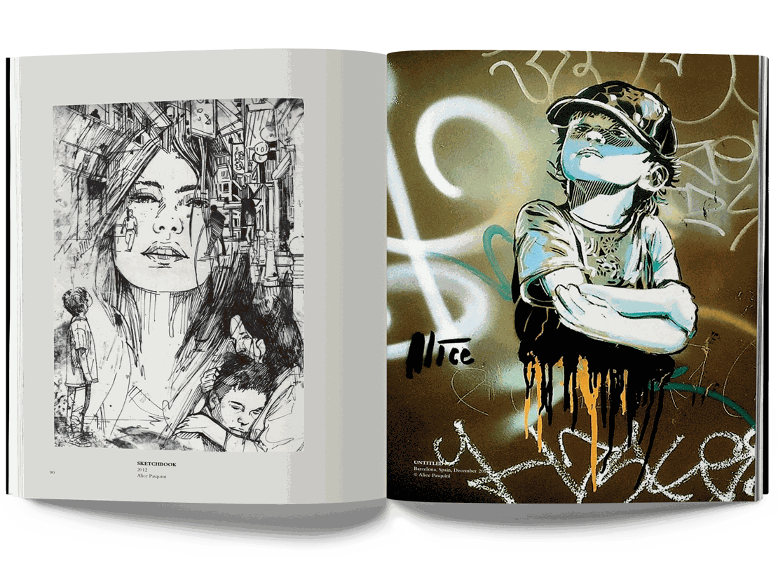 Alice Pasquini Crossroads art book open to street art illustrations of a girl and child with graffiti background