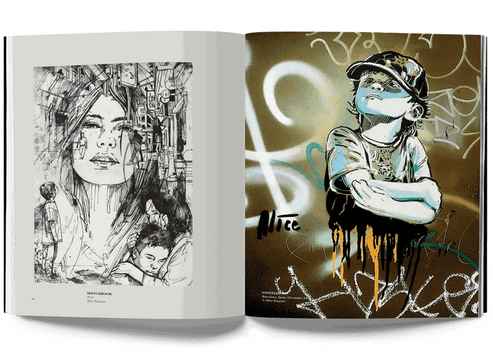 Alice Pasquini Crossroads art book open to street art illustrations of a girl and child with graffiti background