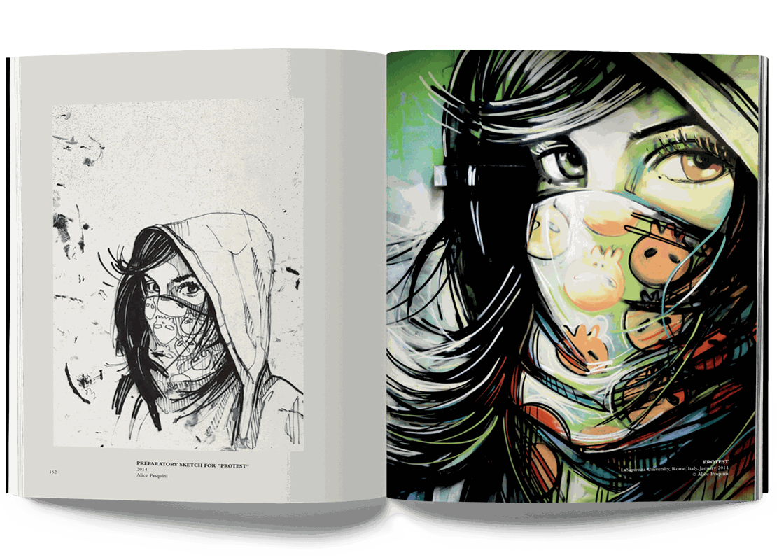 Alice Pasquini Crossroads artwork featuring masked woman with hood in urban street art style