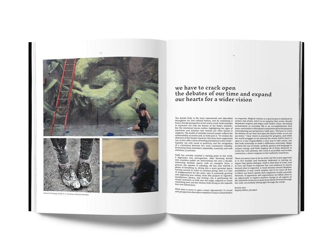 Open book showing artwork and essay pages from Faith XLVII Ex Animo monograph featuring street and studio works