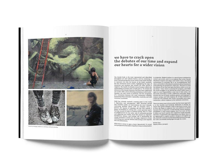 Open book showing artwork and essay pages from Faith XLVII Ex Animo monograph featuring street and studio works