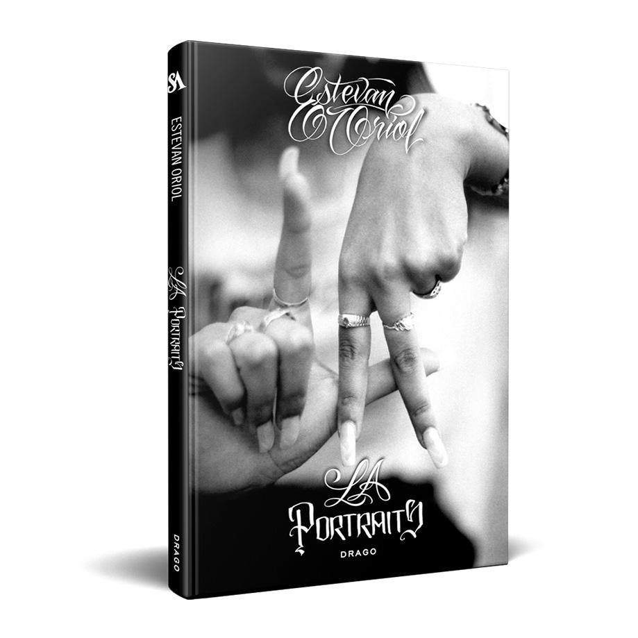 Cover of Estevan Oriol's LA Portraits photography book showing hands forming the letters L and A in black and white