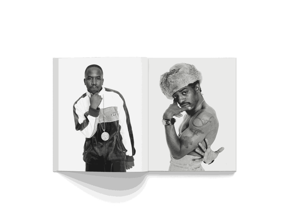 Janette Beckman photography book open showing iconic black and white portraits of hip-hop artists