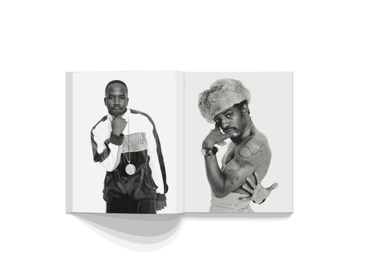 Janette Beckman photography book open showing iconic black and white portraits of hip-hop artists