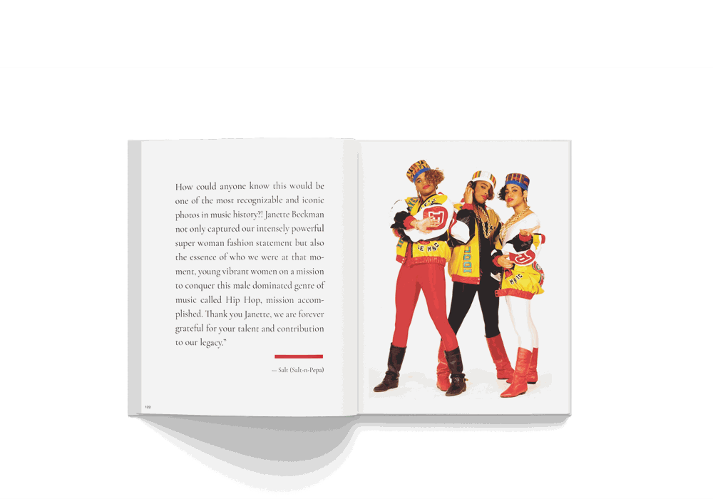 Janette Beckman photography book open to hip hop culture images and text