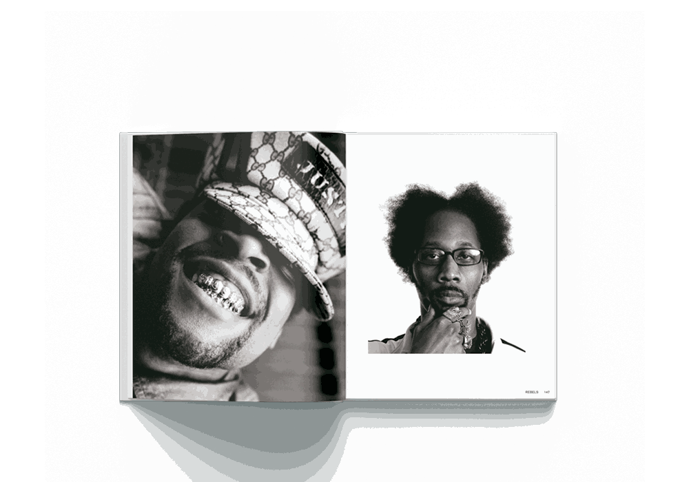 Open Janette Beckman photography book showing black and white portraits of two men