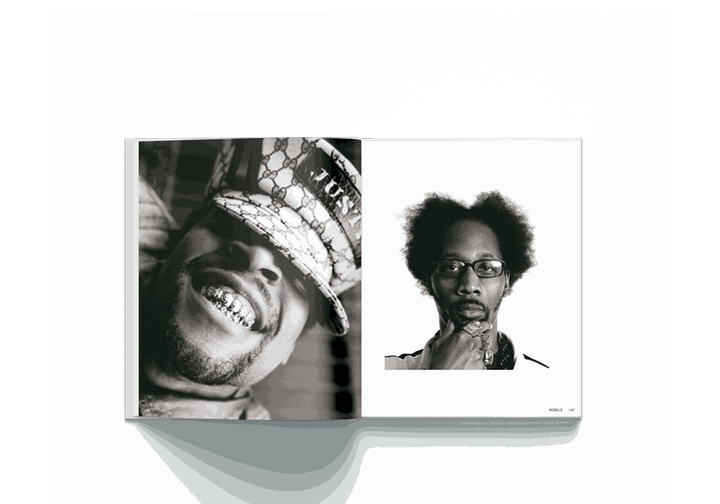 Open Janette Beckman photography book showing black and white portraits of two men