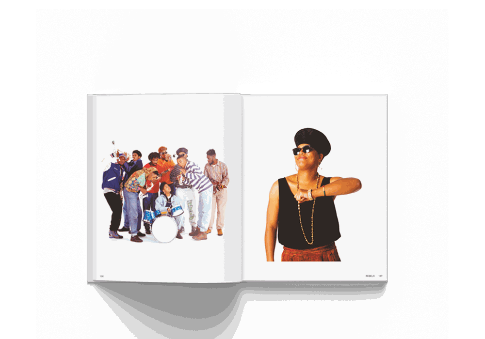 Open book featuring colorful hip-hop group photo on left and individual portrait of woman in black tank top and sunglasses on right from Janette Beckman "Rebels, From Punk to Dior" photography monograph
