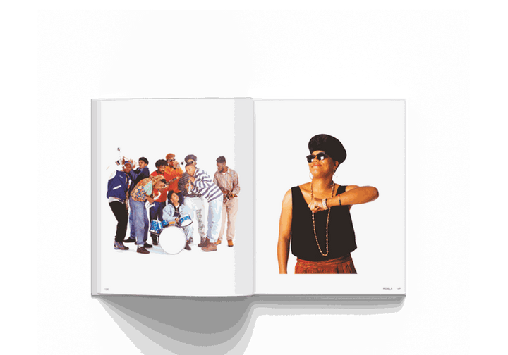 Open book featuring colorful hip-hop group photo on left and individual portrait of woman in black tank top and sunglasses on right from Janette Beckman "Rebels, From Punk to Dior" photography monograph