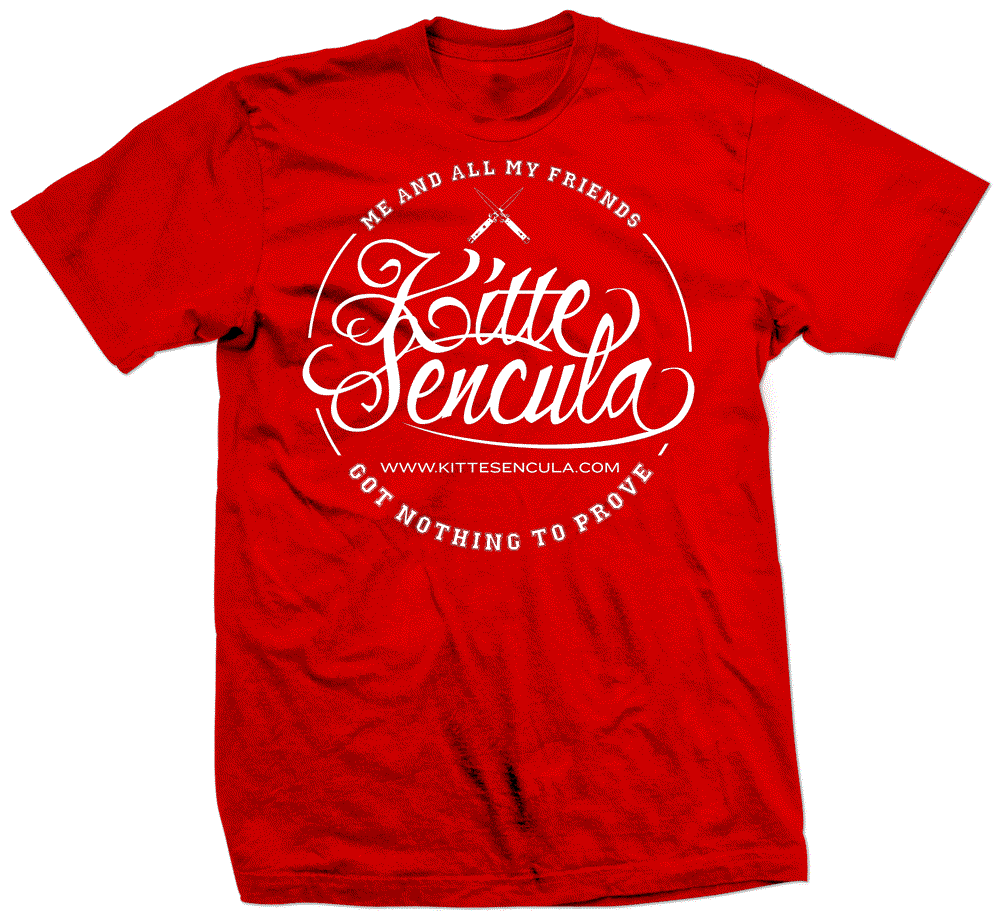 Red Kittesencula Mescal Tee with white script logo and text design, classic boxy fit, made of thick cotton fabric.