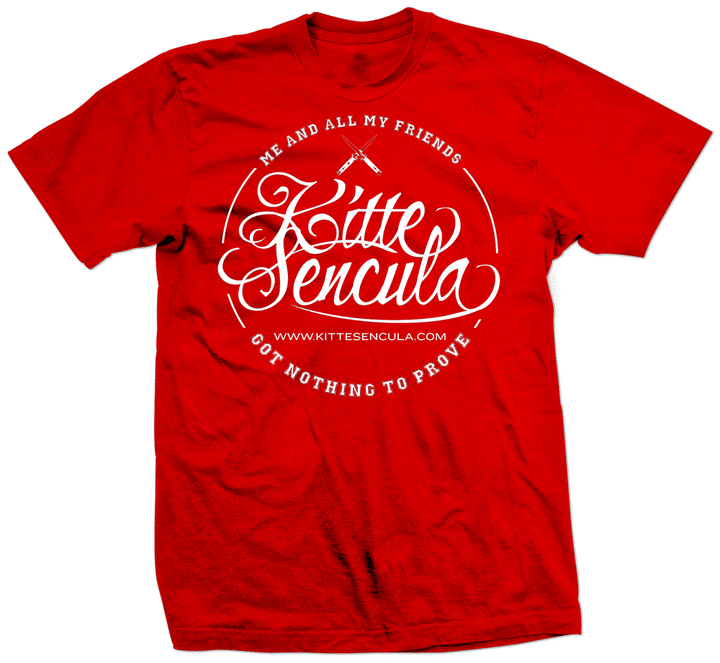 Red Kittesencula Mescal Tee with white script logo and text design, classic boxy fit, made of thick cotton fabric.
