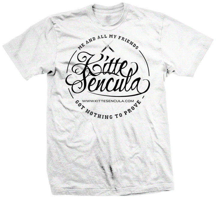 White Kittesencula Mescal Tee with black script logo and roundneck cotton fabric