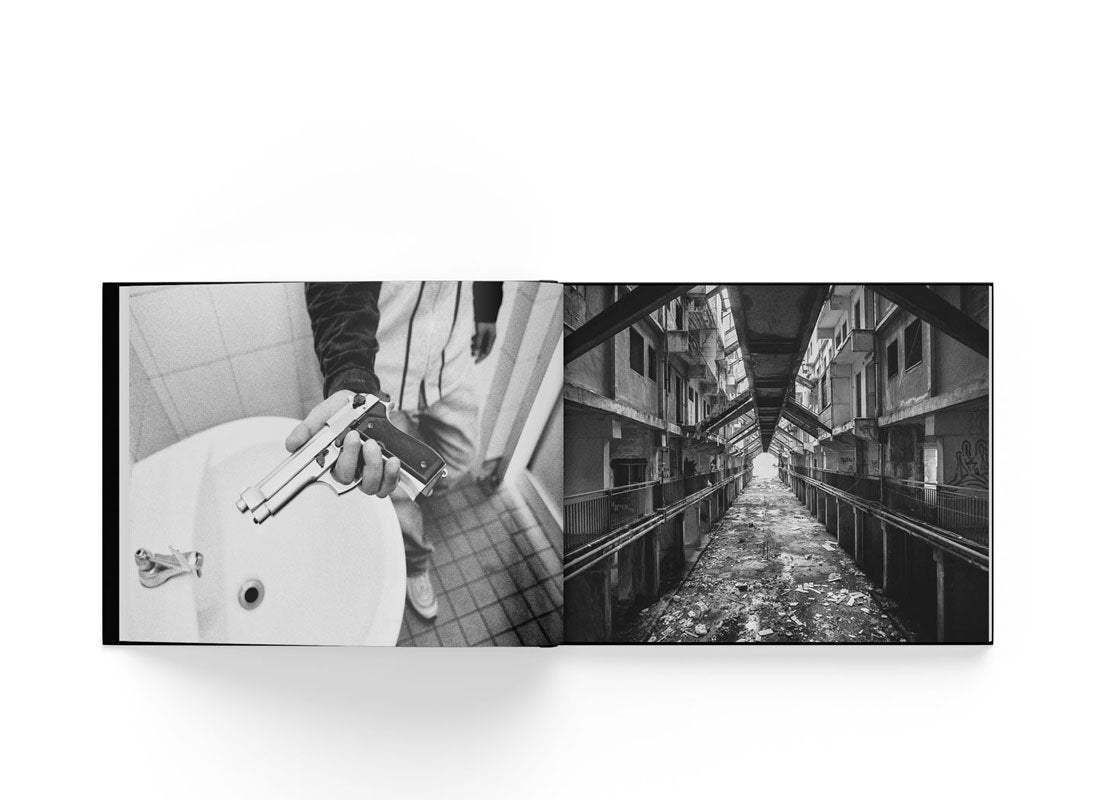 Neapolis book by Boogie showing black and white urban photos of crime and poverty in Naples