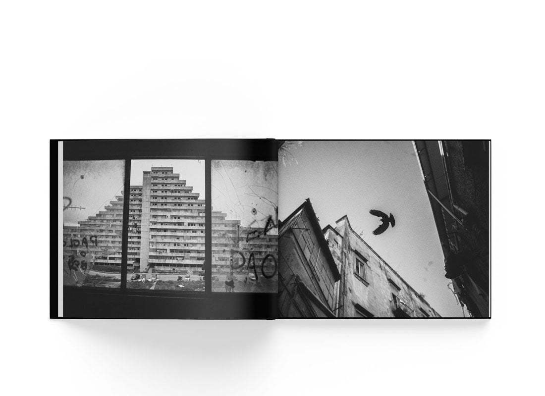 Opened black and white photo book Neapolis by Boogie showing urban architecture and a flying bird in Naples