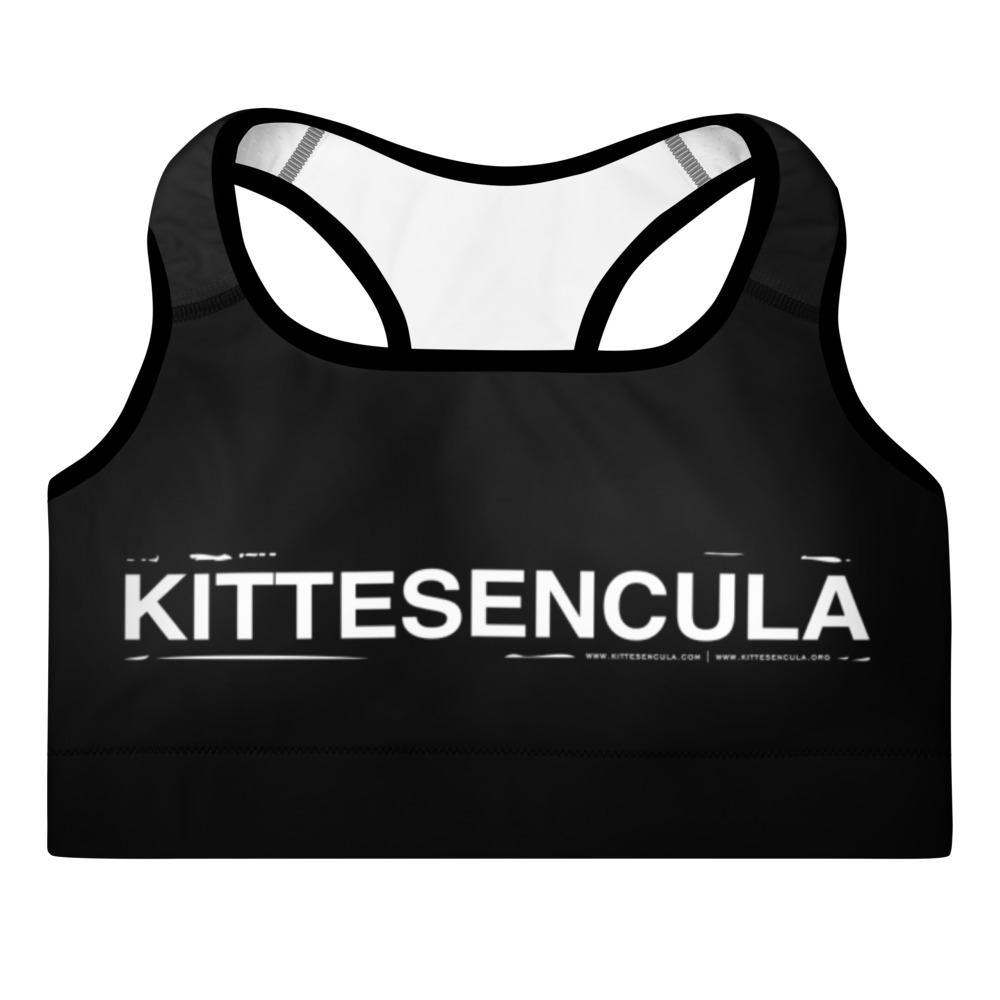 Black Kittesencula Sport Bra with white logo, racerback design, and moisture-wicking fabric for workout support