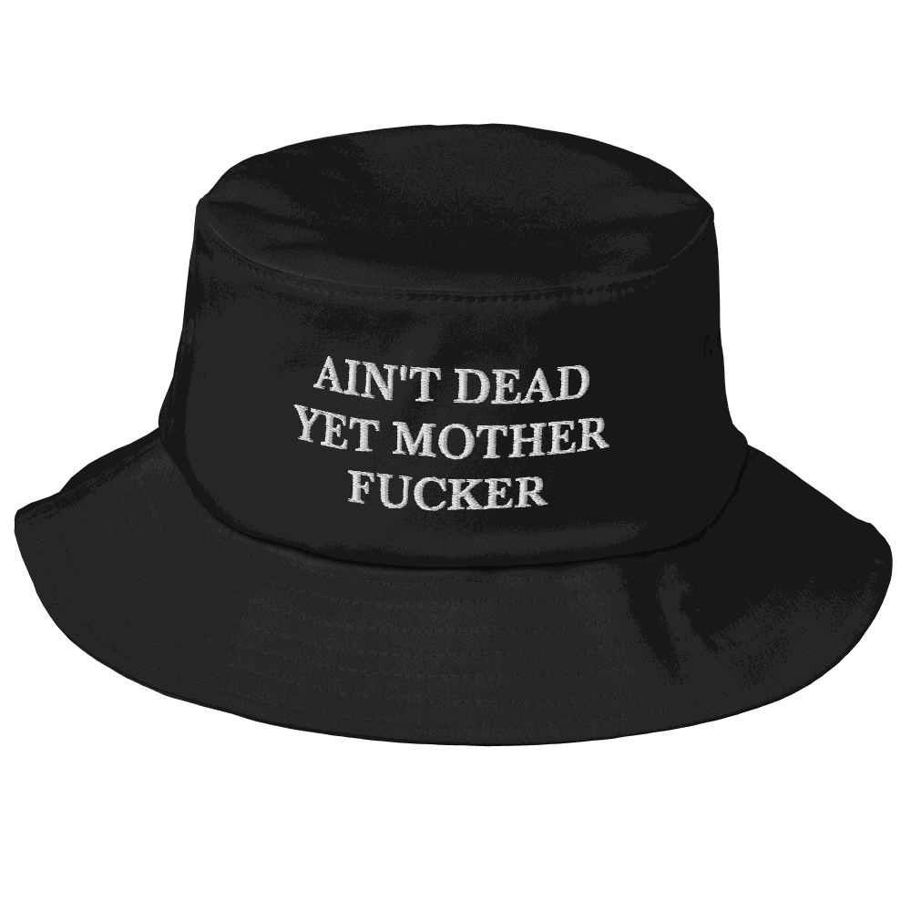 Black old school bucket hat with bold white embroidered text, made of cotton and spandex, vintage style for fishing and hiking