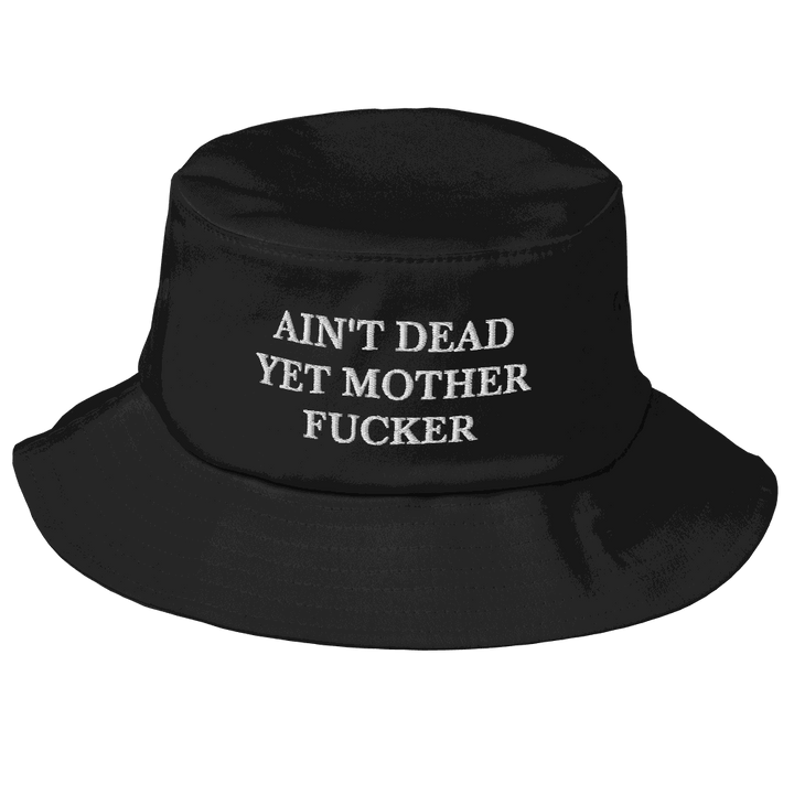 Black old school bucket hat with bold white embroidered text, made of cotton and spandex, vintage style for fishing and hiking