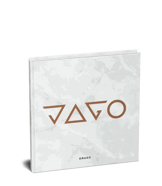 Jago The Exhibition art book with white marble cover and geometric logo