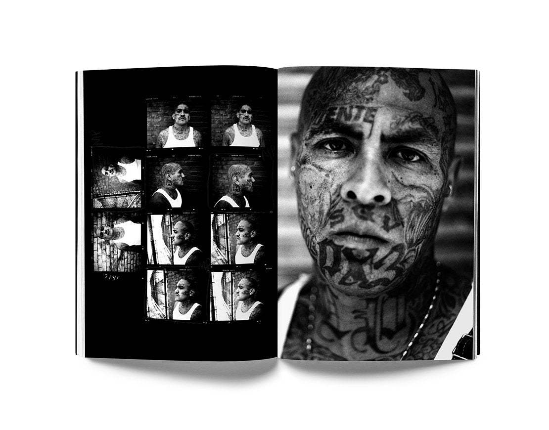 Black and white portraits of tattooed men from Estevan Oriol's LA Portraits book showing detailed facial expressions and street culture.