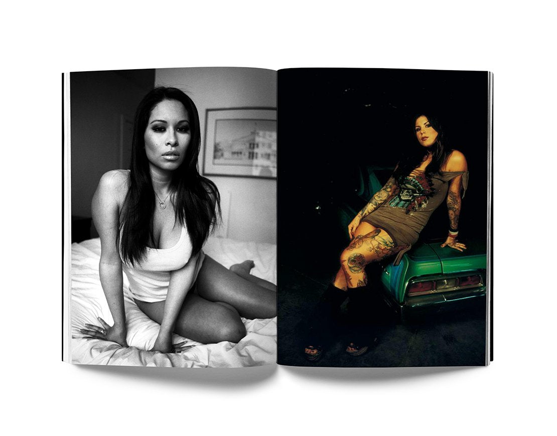 Open book featuring black and white and color portraits of women by Estevan Oriol from "LA Woman" photo essay